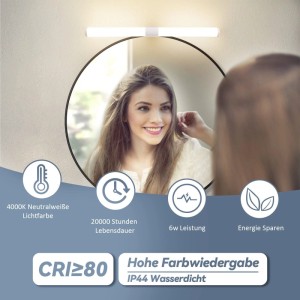 Weiße NETTLIFE LED Spiegelleuchte L40 aus Kunststoff über Spiegel. Neutralweißes Licht für Bad und Wand.