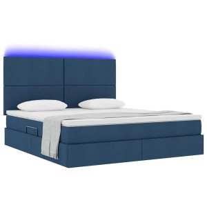 Blaues vidaXL Stoffbett 160x200 cm mit gepolstertem Kopfteil, blauer LED-Beleuchtung und Stauraum.