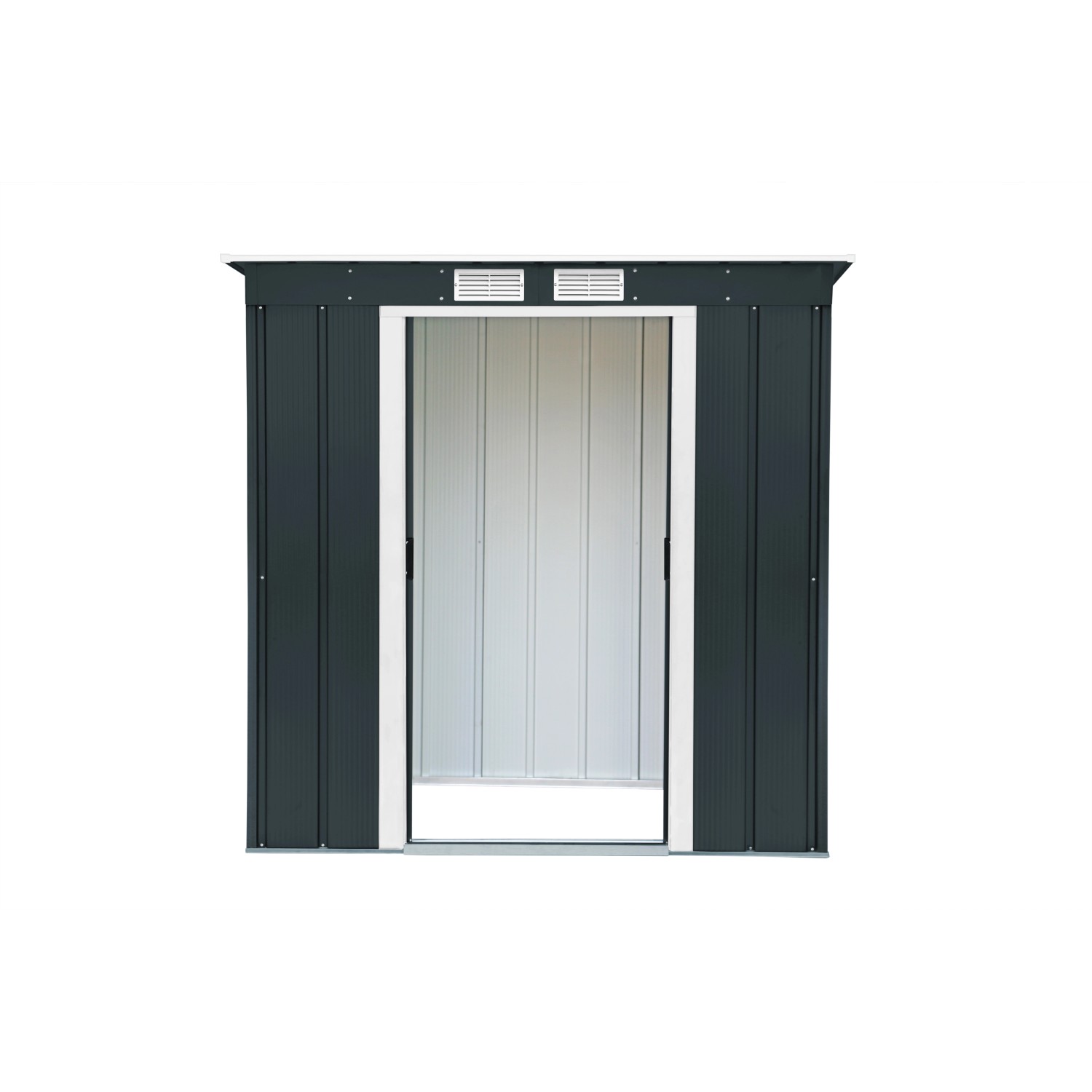 Duramax Metallgerätehaus Pent Roof Eco 6x4 in Anthrazit, offene Tür.