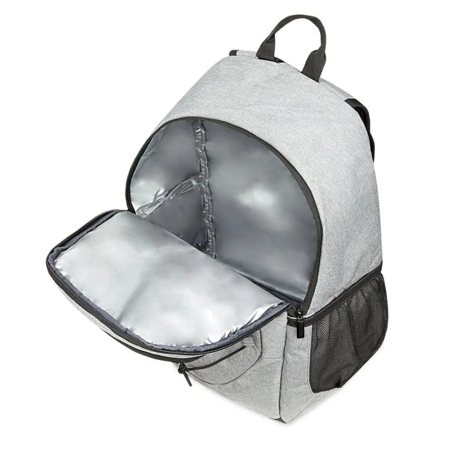 Grauer Kühlrucksack Bomoe IceBreezer KR45, 25 Liter, mit geöffnetem Hauptfach und Netzfächern.