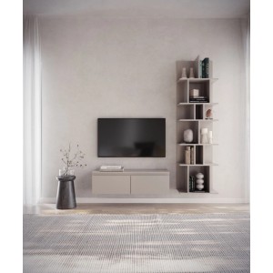 Selsey TV-Hängeboard Bemmi 100 cm, kaschmirgrau, wandmontiert mit zwei Klappenfächern unter einem Fernseher.