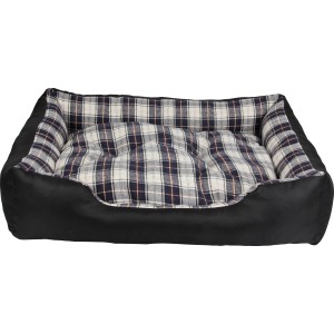Schwarzes Hunde- und Katzenbett 75x58 cm mit kariertem Kissen.