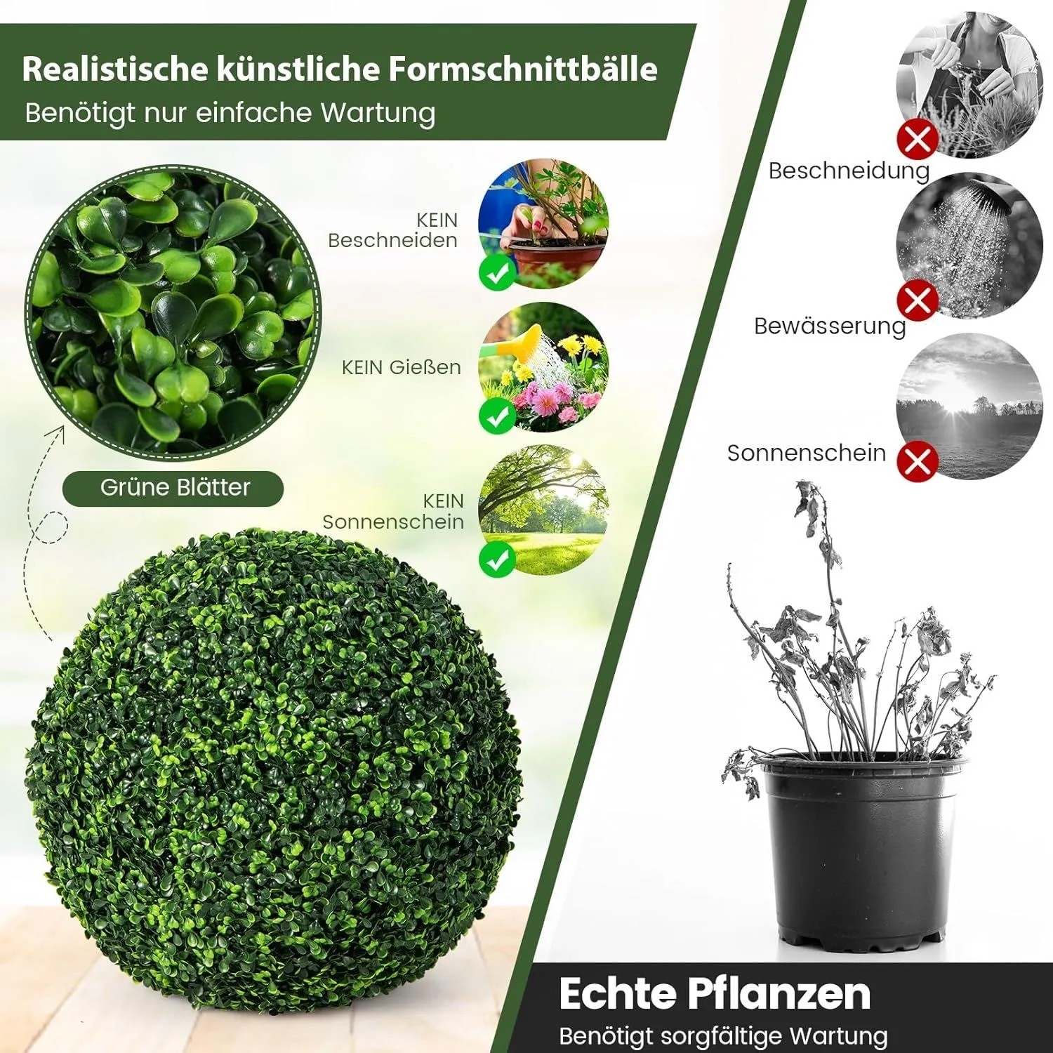 2er Set Buchsbaumkugel, dunkelgrün, 48cm, pflegeleichte Kunstpflanze für Haus, Garten und Hochzeit.