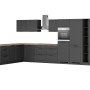 Graue Held Winkelküche Kempten (420 cm) mit E-Geräten und Arbeitsplatte in Holzoptik.