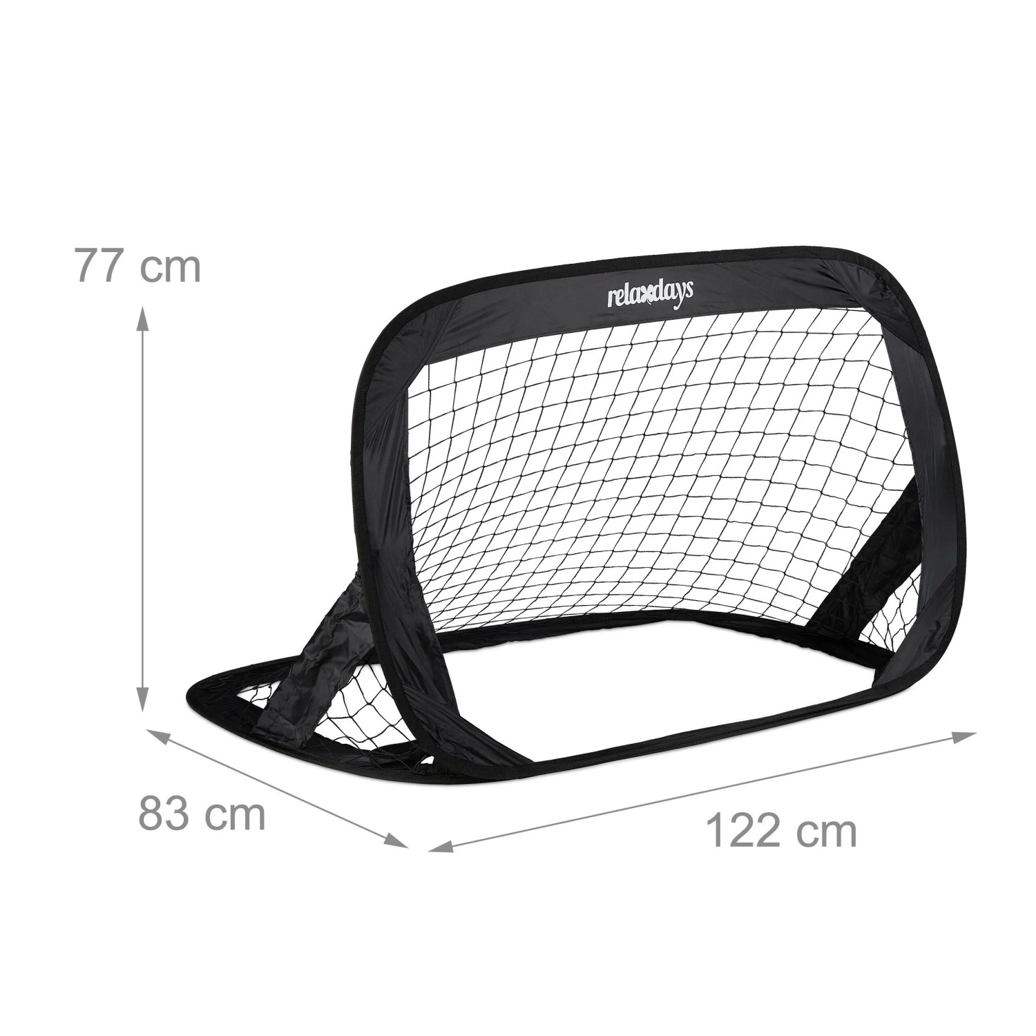 Schwarzes Relaxdays Fußballtor Pop Up, 2er Set, aus Polyester, Maße 77x122x83 cm.