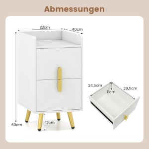 Weißer schmaler Nachttisch mit 2 Schubladen, goldenen Griffen, Beinen und erhöhten Kanten. Maße 40x32x60cm.