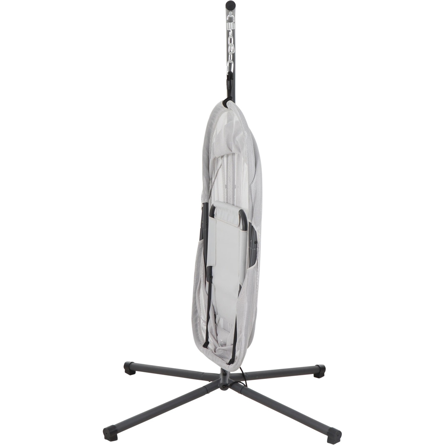 Zusammengefalteter Siena Garden Hängesessel Yobaya Easy Grey mit Stahlgestell.