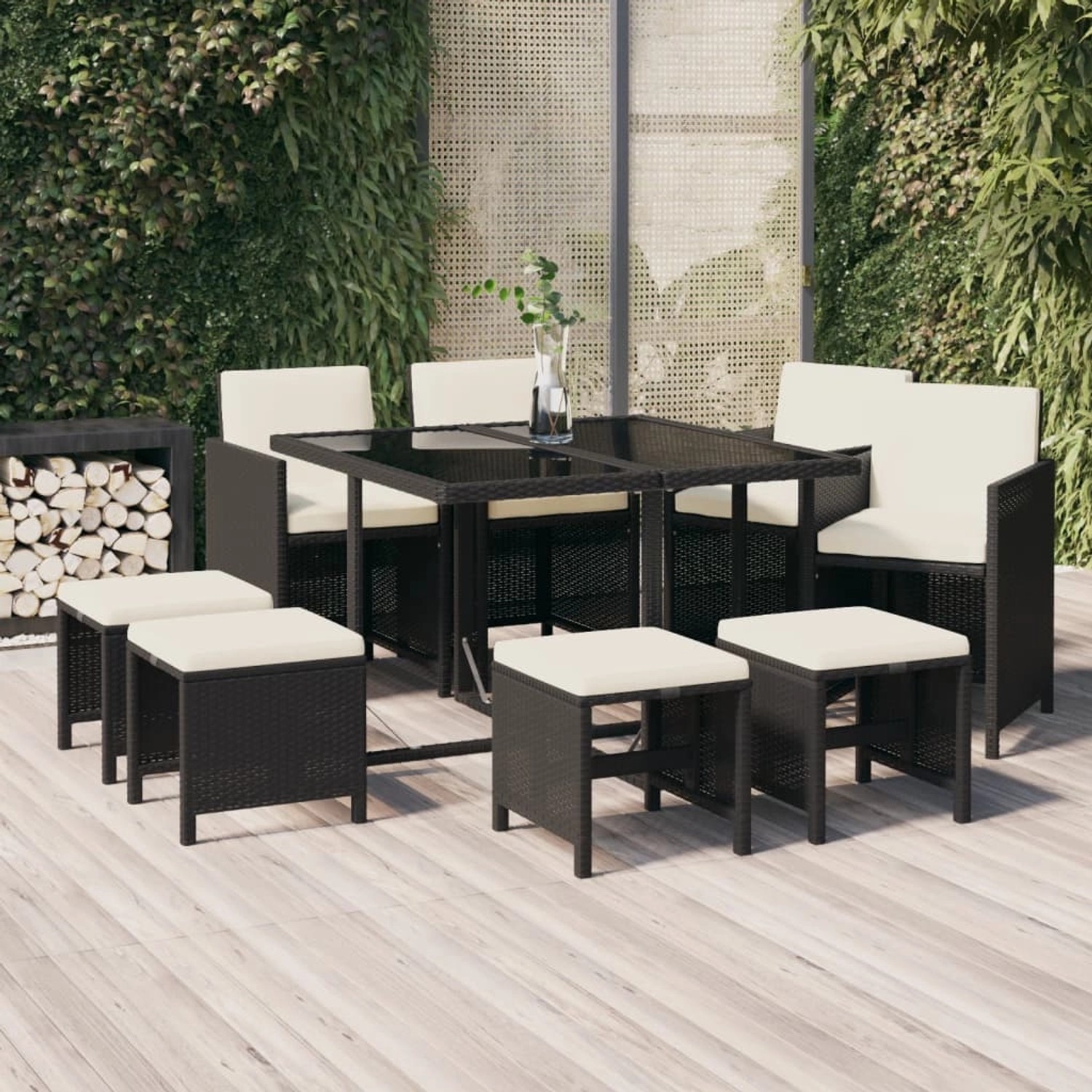 Schwarze 9-tlg. Rattan Garten-Essgruppe mit cremefarbenen Kissen für Terrasse & Garten.
