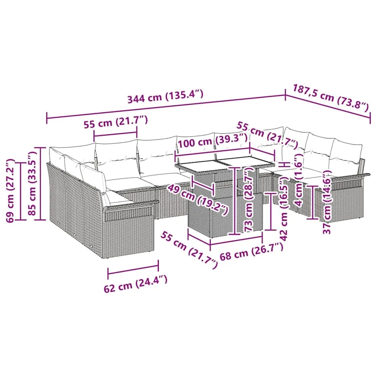 Hellgraues 11-teiliges Garten-Sofa-Set aus Poly Rattan mit Tisch und Kissen, Maße siehe Grafik.