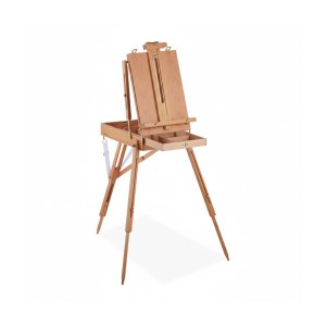 Naturfarbene Holz Kofferstaffelei, höhenverstellbar, mit ausgezogener Schublade für Künstlerbedarf. Ideal zum Malen.