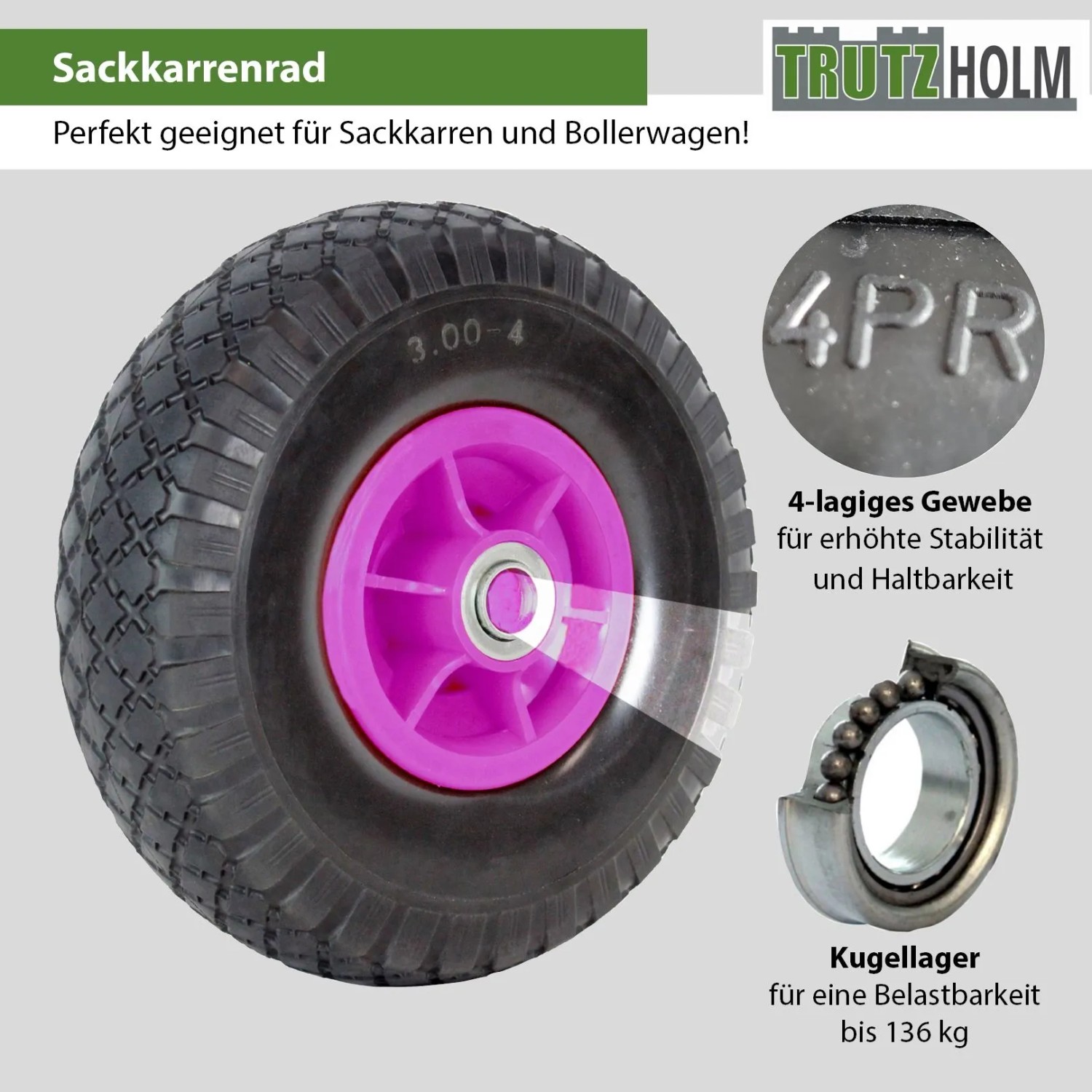 TRUTZHOLM Sackkarrenrad, 260x85mm, pinke Felge, Luftreifen mit Kugellager für Baumaschinen.
