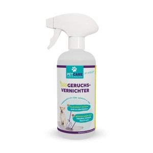 Weiße Sprühflasche Hotrega Petcare Geruchsvernichter 500 ml. Etikett mit Hund und Text zur Geruchsneutralisierung von Tiergerüchen.