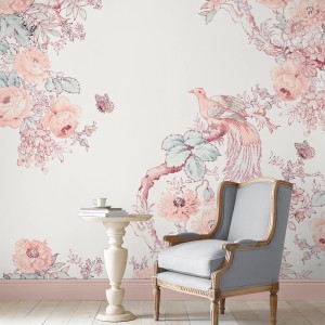 Laura Ashley Vliesfototapete Birtle mit Rosen, Vögeln und Schmetterlingen in zarten Farben.