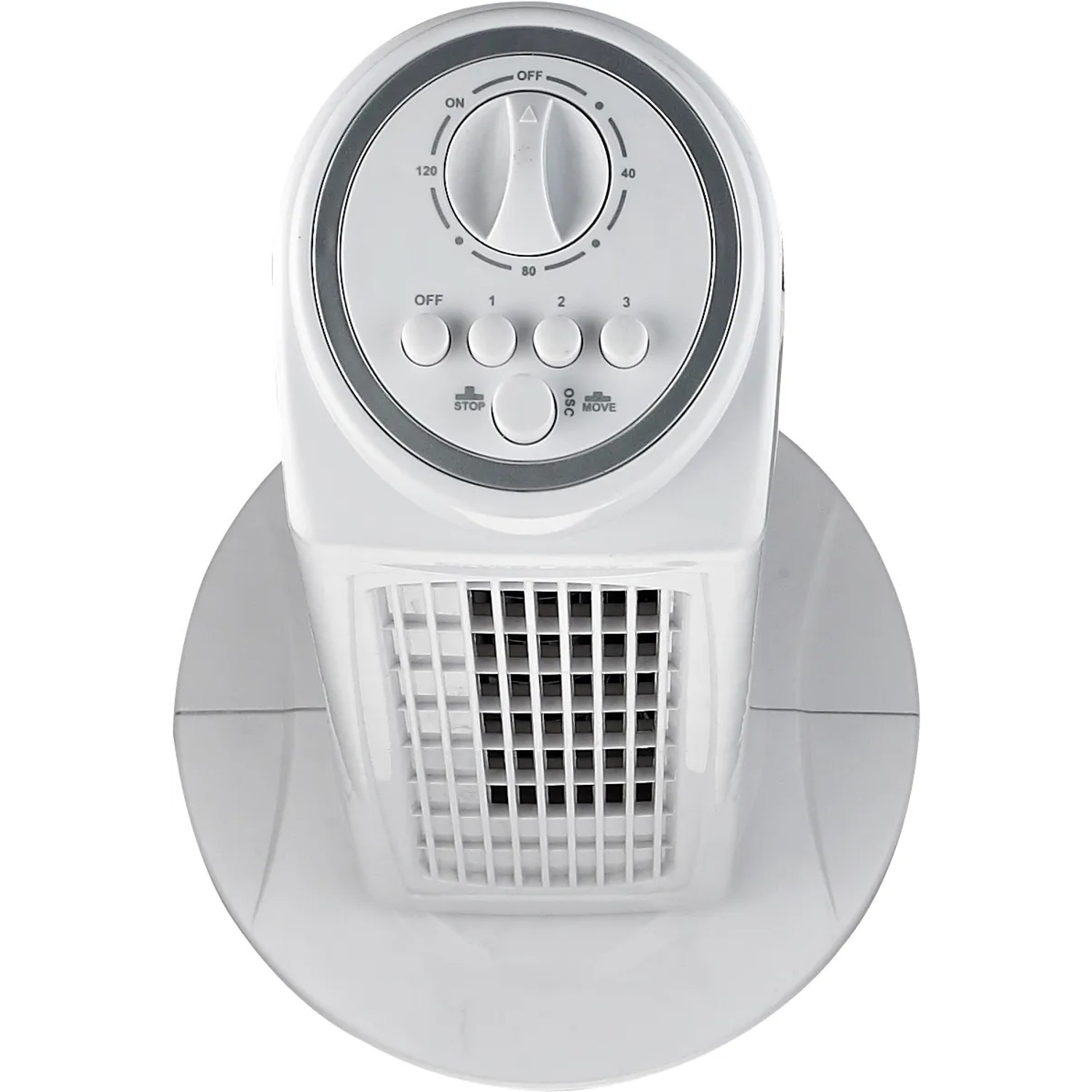 Weißer Turmventilator (78 cm) mit Timer und Geschwindigkeitsstufen.