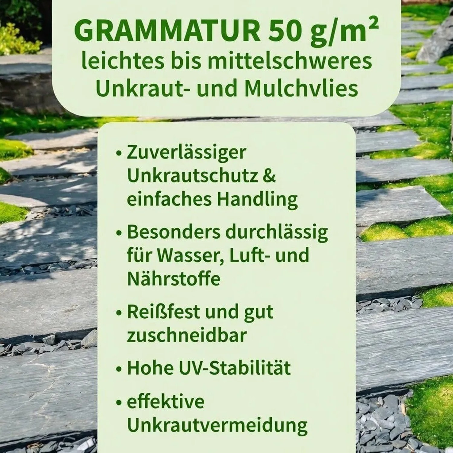 Grafik: TTL GARDEN Unkrautvlies 50g/m² mit Merkmalen wie UV-stabil, wasserdurchlässig, reißfest. Effektiver Unkrautschutz.