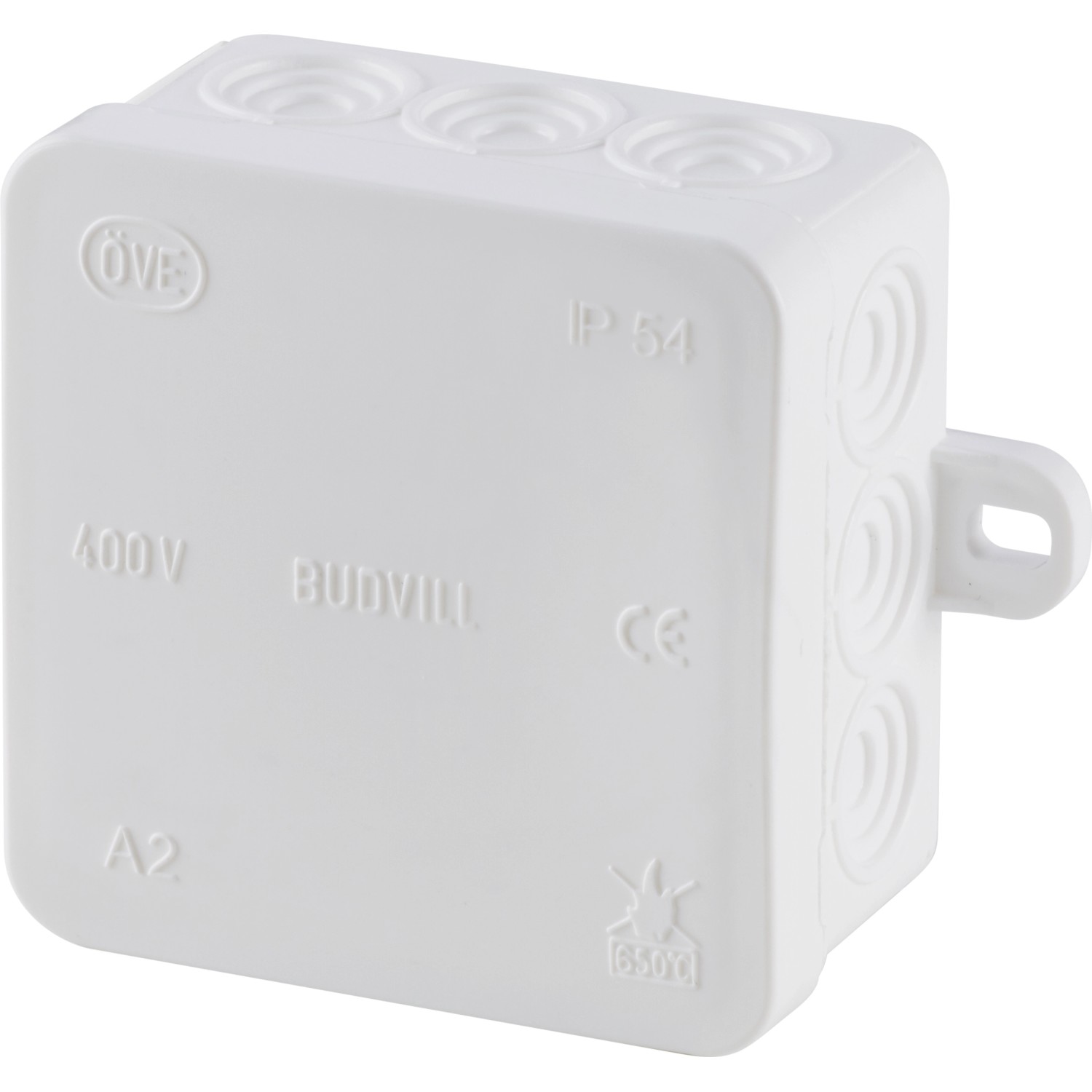 Weißer Abzweigkasten 70x70 mm mit 5 Anschlussmöglichkeiten für Aufputzmontage.