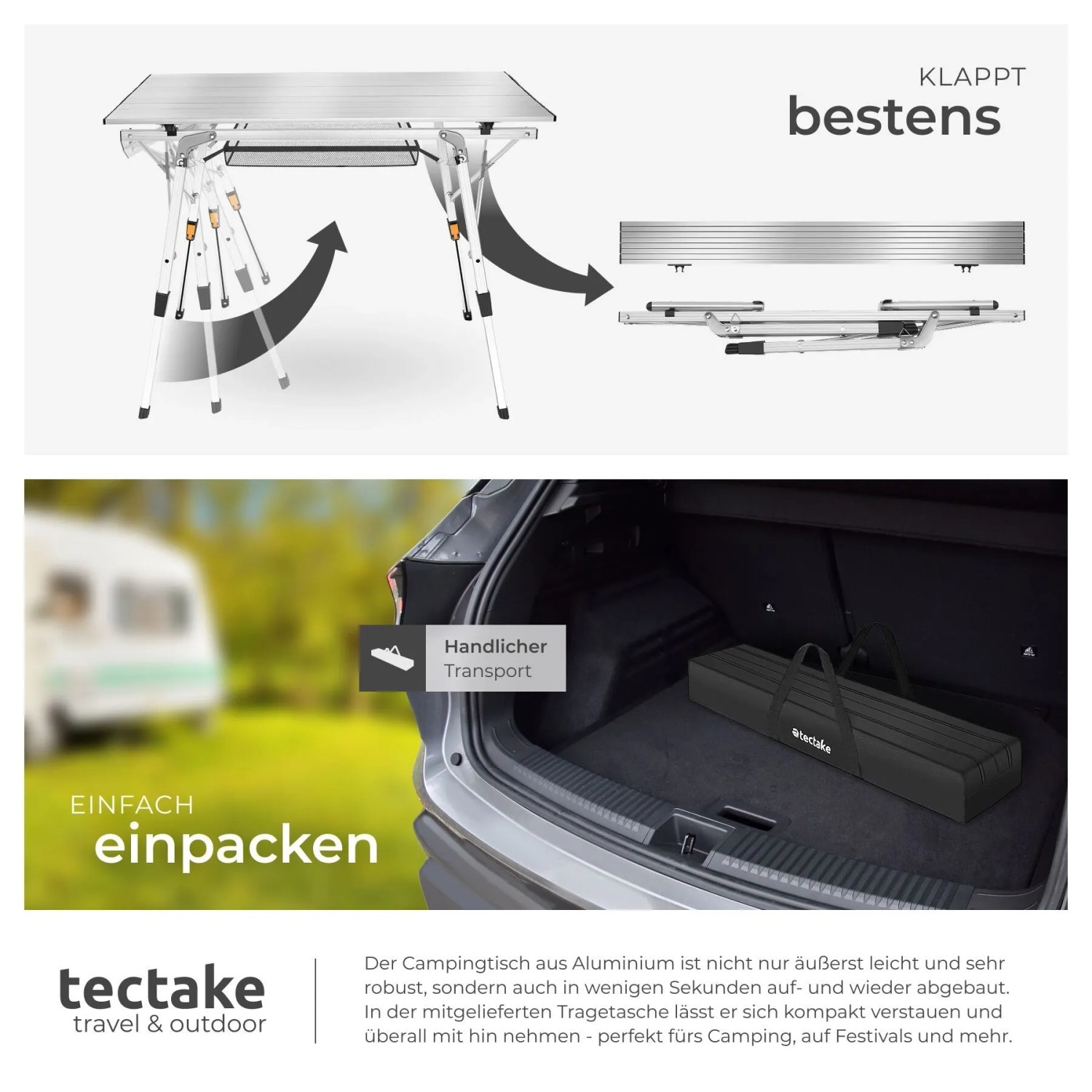Tectake Aluminium Campingtisch Tina Faltbar Wetterfest 90 x 52 x 70 cm Silber_5