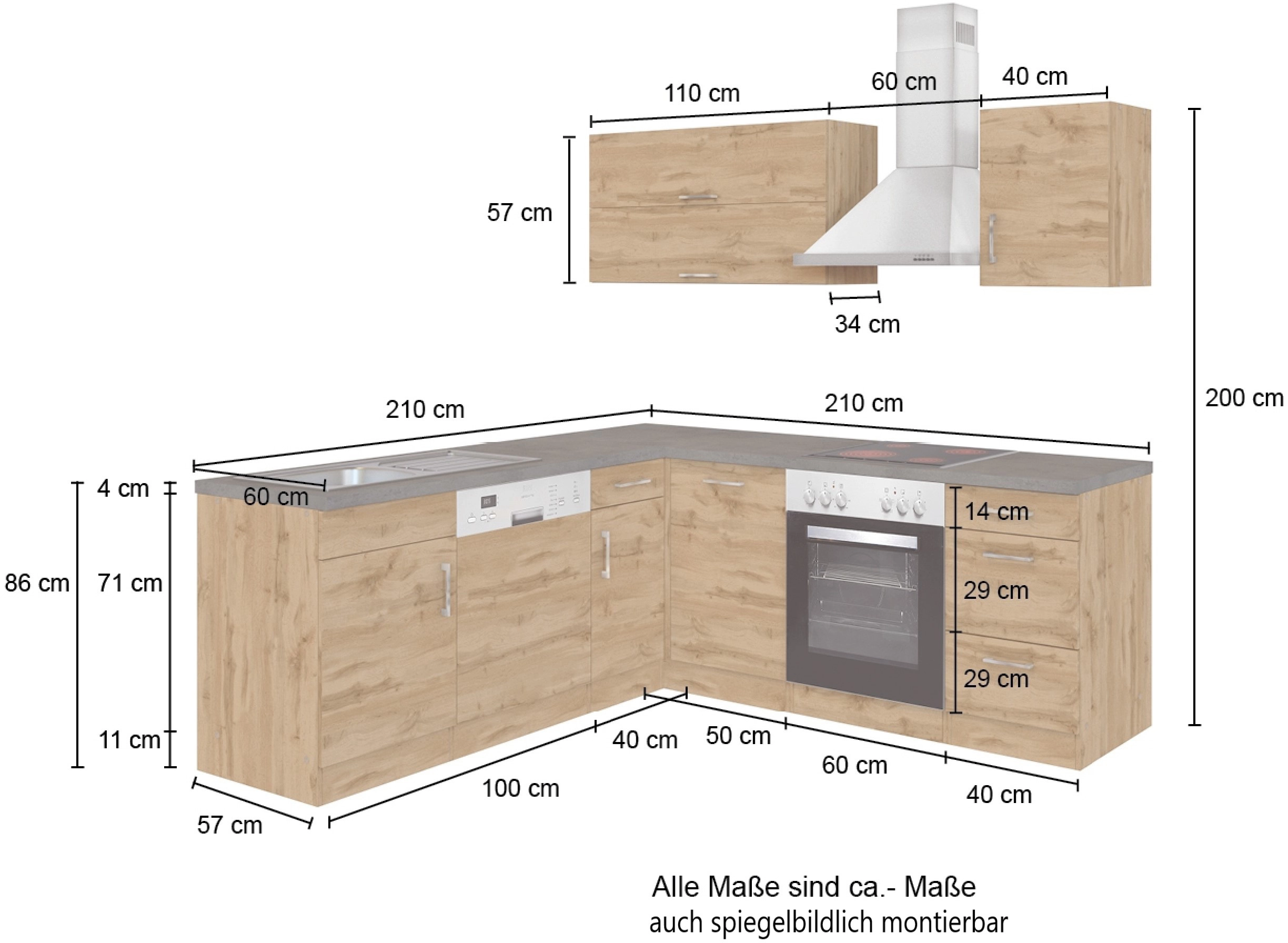 Held Möbel Küchenzeile cm Sorrento OBI Wotaneiche-Grafit Winkel kaufen 210 bei