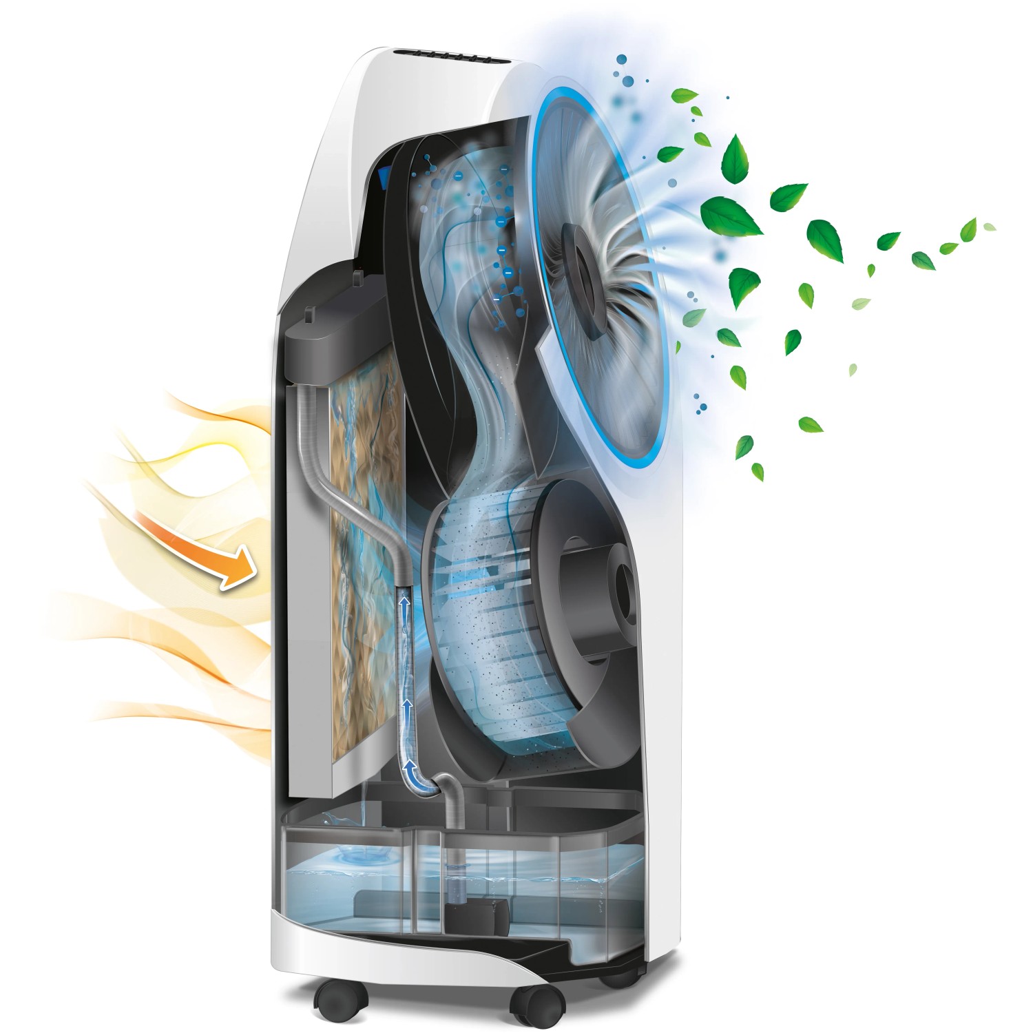 DeLonghi Ventilatorkühler EV250, Querschnitt mit Funktionsweise und Luftstrom dargestellt.