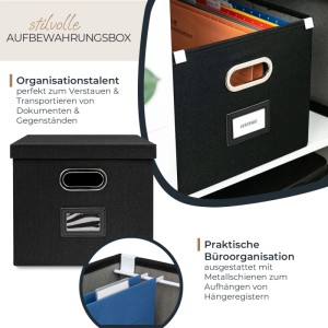 Schwarze HMF Aufbewahrungsbox mit Deckel, passend für DIN A4 Hängeregister im Kallax Regal.