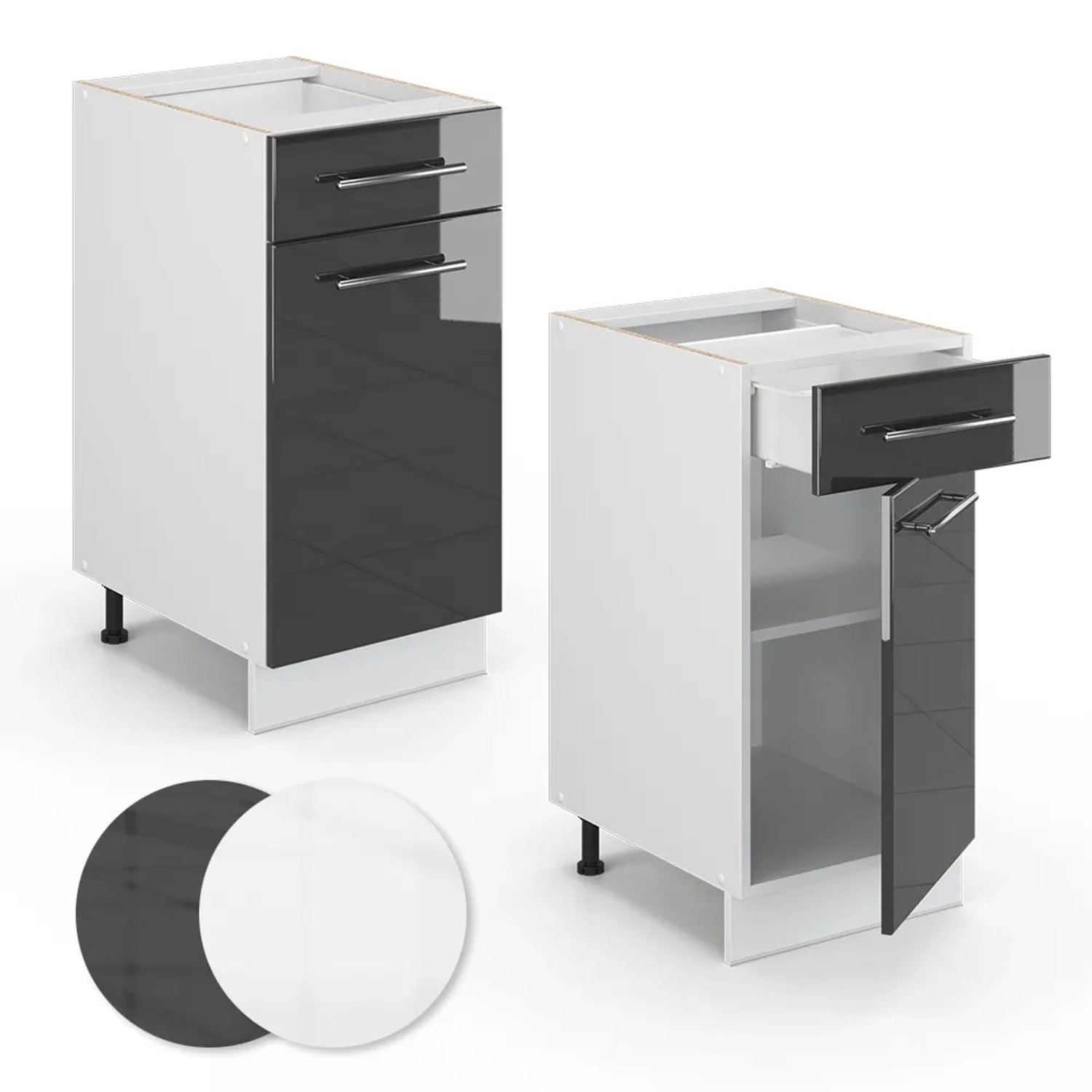 Vicco Küchenunterschrank Fame-Line, 40 cm, Anthrazit Hochglanz/Weiß, mit Schubladen und Tür.
