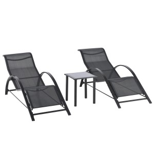 Outsunny Gartenliegen-Set mit Tisch, 2 schwarze Metall-Sonnenliegen mit Stoffbespannung.