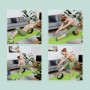 Vier Yoga-Posen mit Relaxdays Yogarad aus Kork und Kunststoff in Schwarz.