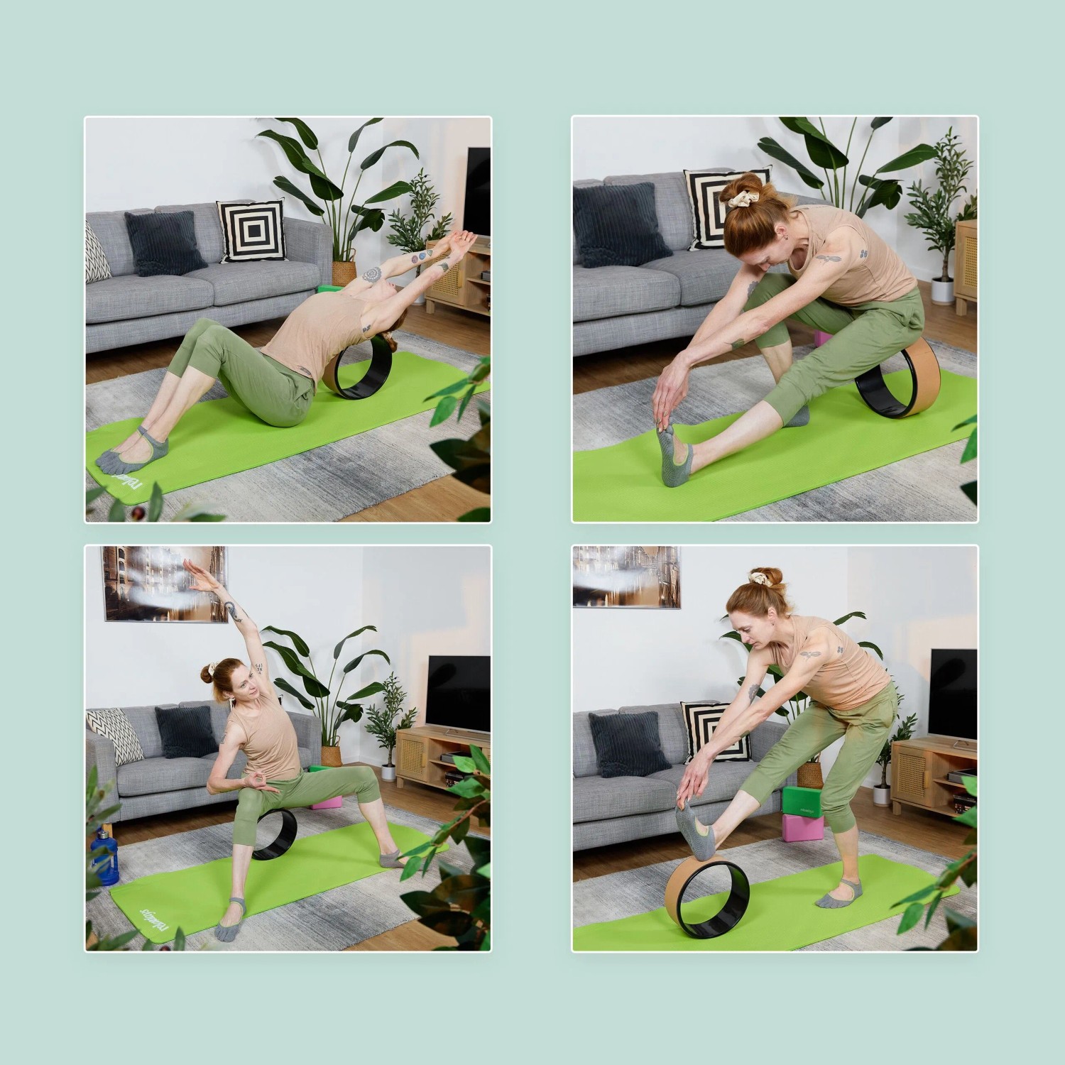 Vier Yoga-Posen mit Relaxdays Yogarad aus Kork und Kunststoff in Schwarz.