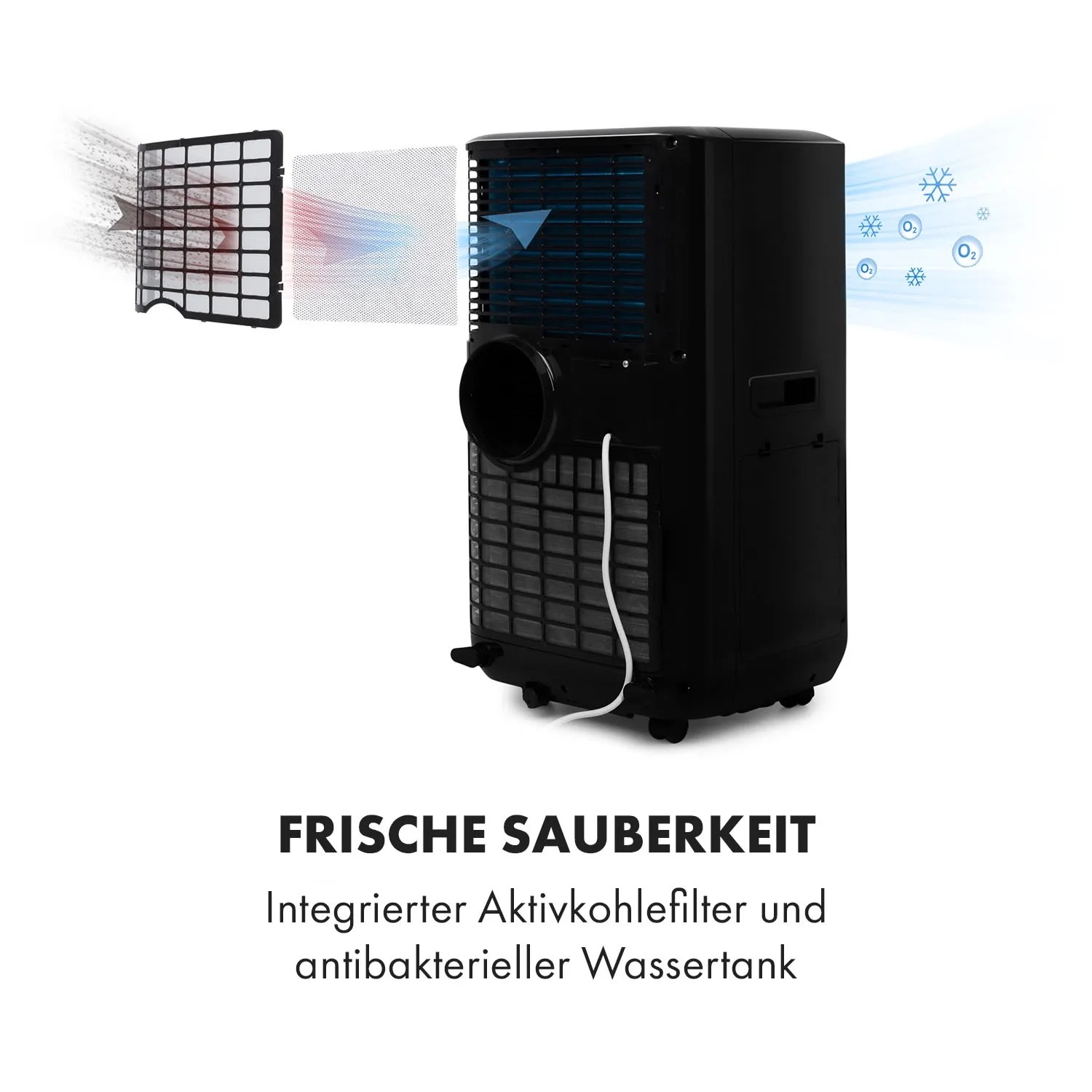 Klarstein Max Breeze Smart Klimaanlage, schwarzes Klimagerät mit Aktivkohlefilter und antibakteriellem Wassertank.