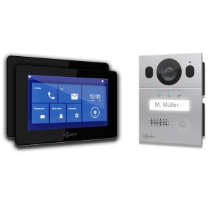 Goliath 2-Draht Video Türsprechanlage mit 2 Monitoren (schwarz/silber) und Aufputz-Außenstation.