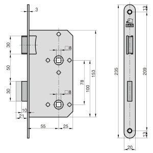 Technische Zeichnung: Basi Einsteckschloss ES 935 für Zimmertüren, DIN rechts/links verwendbar, Maße in mm.
