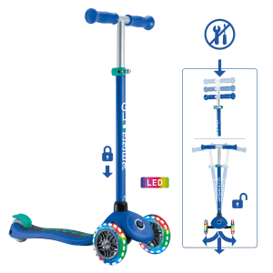 Globber Primo Lights Tretroller Kinder 120/80 mm ABEC 9 3-Rädrig Höhenverstellbar LED-Leuchtrollen Dunkelblau