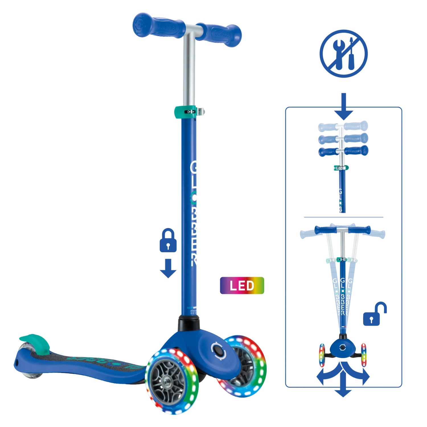Globber Primo Lights Tretroller Kinder 120/80 mm ABEC 9 3-Rädrig Höhenverstellbar LED-Leuchtrollen Dunkelblau_2