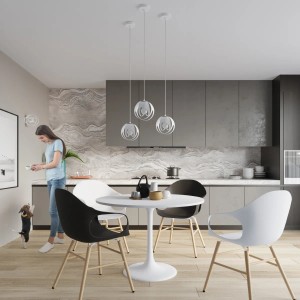 Weiße Sollux Lighting Hängeleuchte Tulos 3L über Esstisch in modernem Interieur.