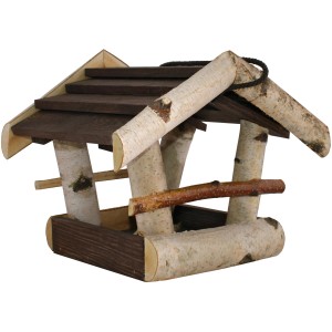 Kleines Vogelfutterhaus aus Birke und Pinie, braunes Dach, mit Kordel zum Aufhängen.