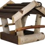 Kleines Vogelfutterhaus aus Birke und Pinie, braunes Dach, mit Kordel zum Aufhängen.
