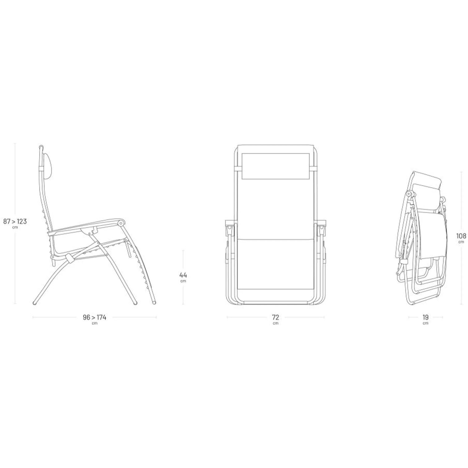 Technische Zeichnung Lafuma RSXA CLIP XL Relaxsessel, verschiedene Ansichten mit Maßen.