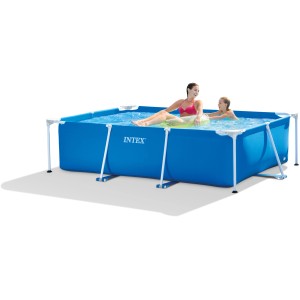 Blauer Intex Frame Pool Family, 220x150x60 cm, mit Personen im Wasser.
