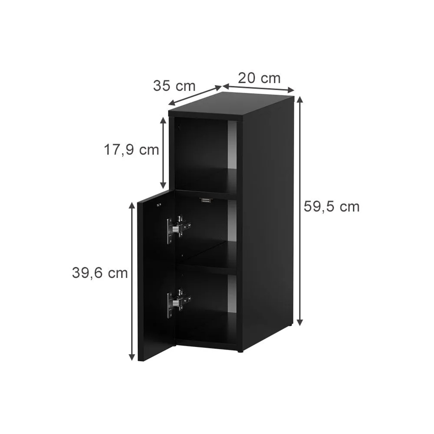 Schwarzer Vicco Nachttisch Enton (20x60) mit Tür und Maßangaben.