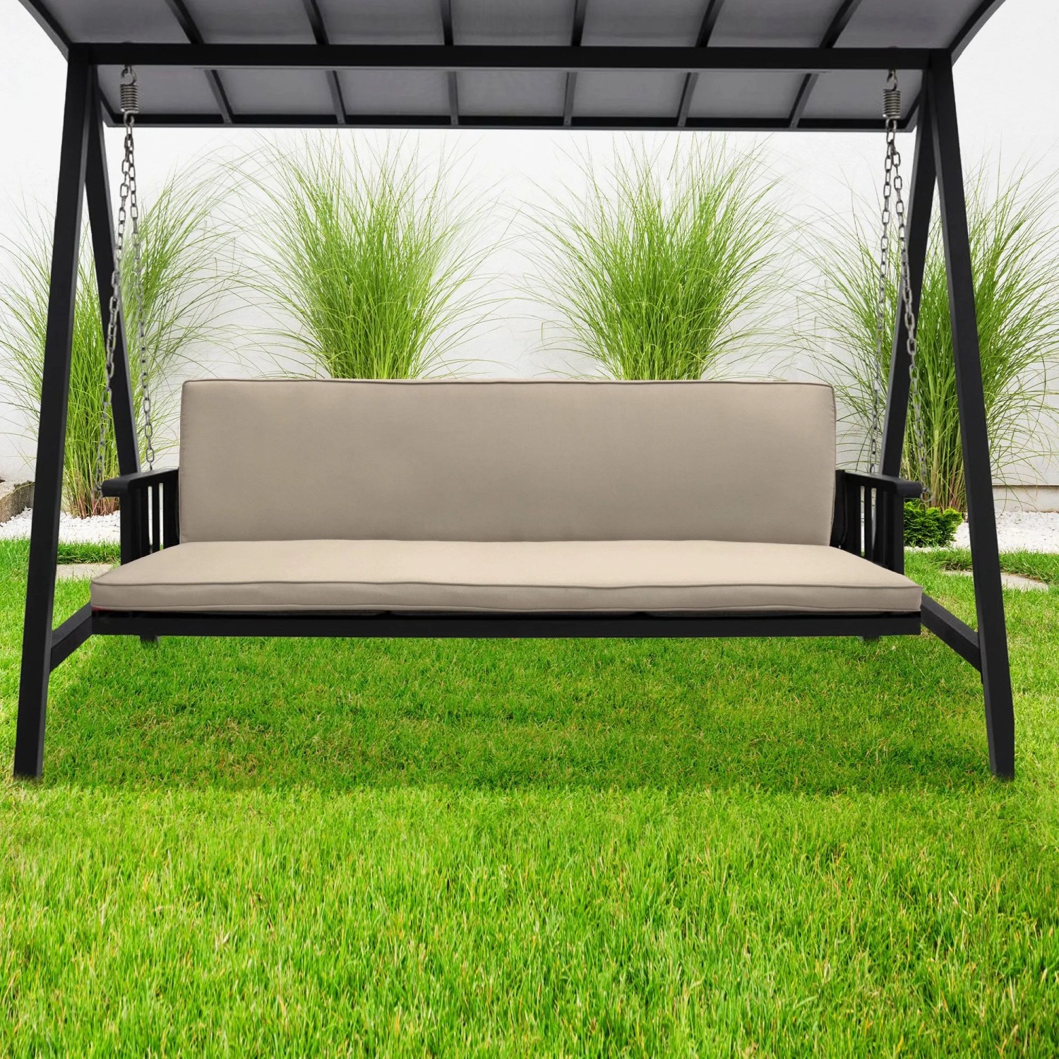 Beige Hollywoodschaukelauflage 180x50cm für 3-Sitzer, Sitz- und Rückenpolster auf Gartenschaukel.