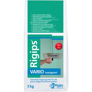 Rigips Fugenspachtel Vario imprägniert, 5 kg, für Feuchtraumplatten. Grüne Verpackung.