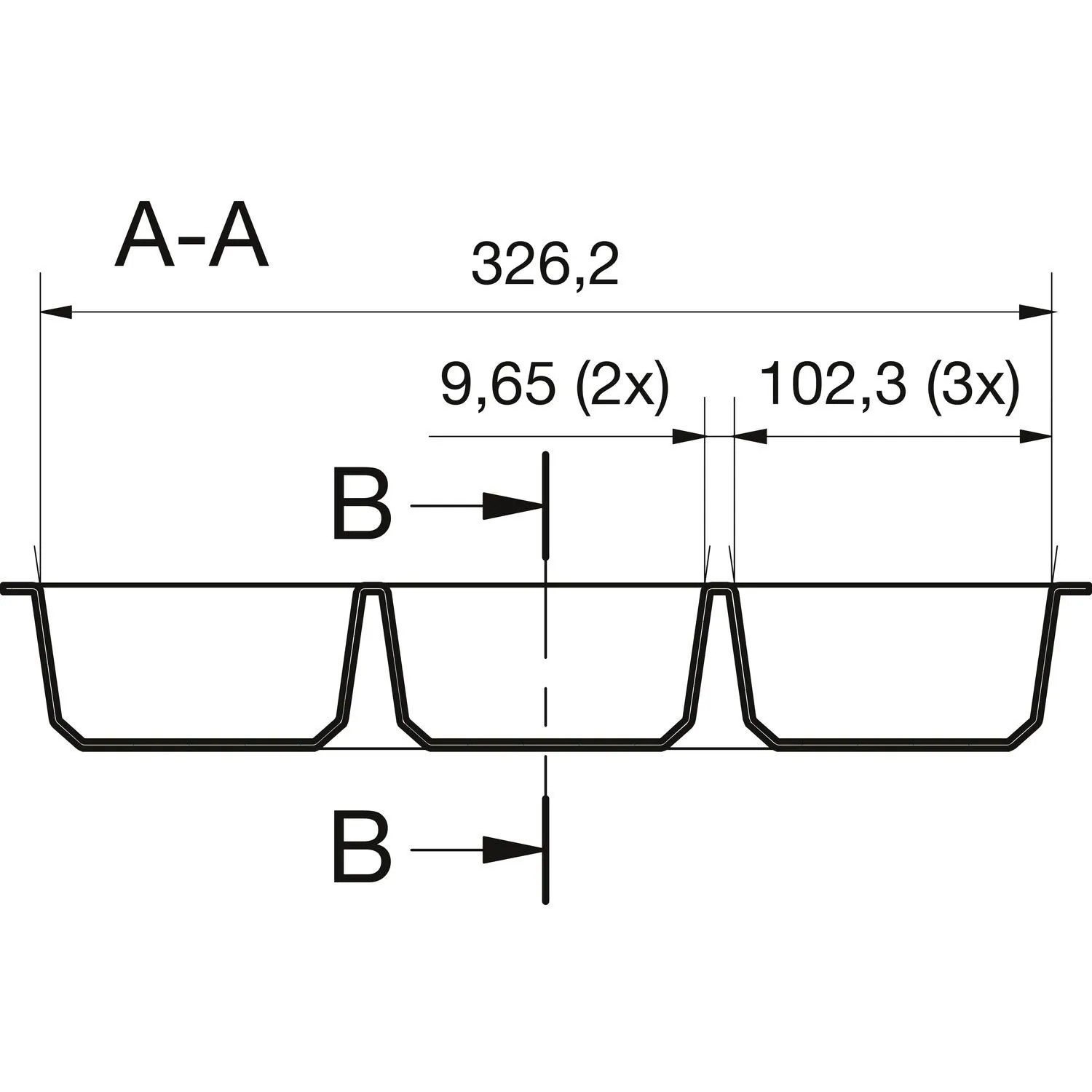 Technische Zeichnung des Agoform Besteckeinsatzes Classico. Querschnitt mit Maßen der Fächer für Besteck.