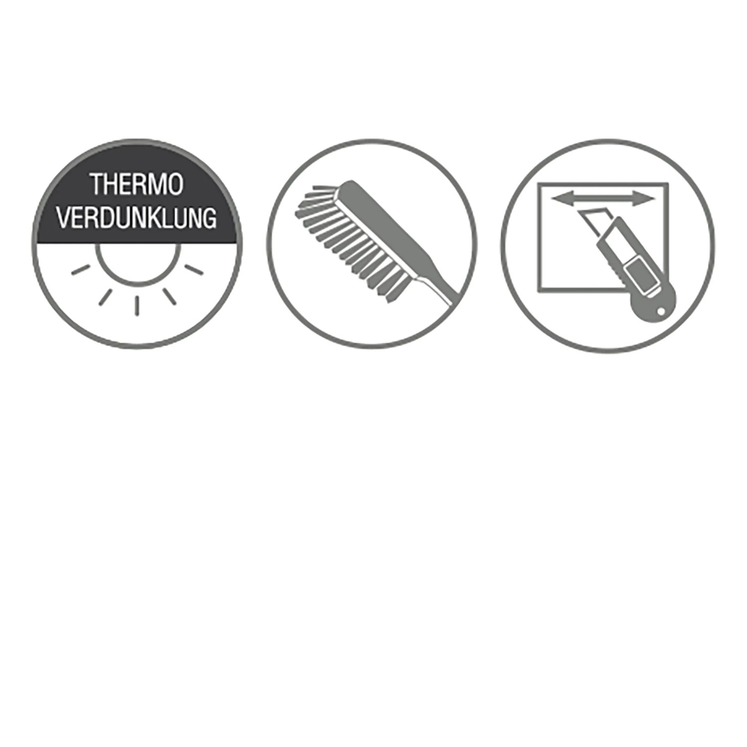 Piktogramme für Verdunkelungsrollo: Thermo, Reinigung, Zuschnitt.