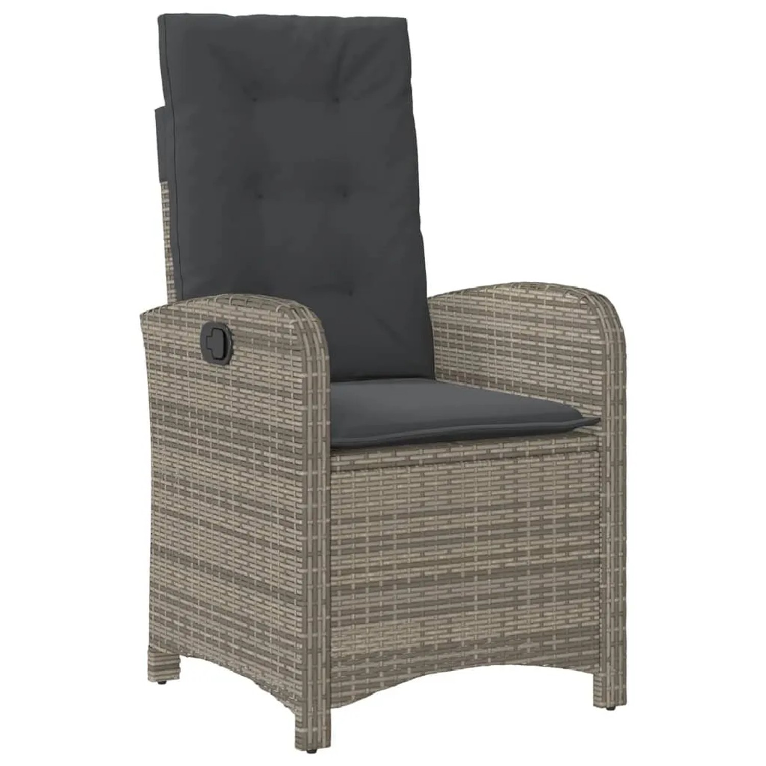 Verstellbarer Gartensessel, 2er Set, grau, Poly Rattan mit Kissen. Bequeme Gartenstühle für entspannte Stunden.