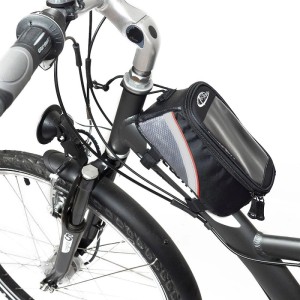Tectake Fahrradtasche am Rahmen befestigt, schwarz-grau-rot, mit transparentem Handyfach.
