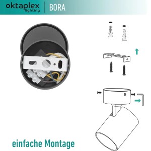 Montage des schwarzen Oktaplex Bora Deckenstrahlers mit GU10 Fassung, dreh- und schwenkbar.