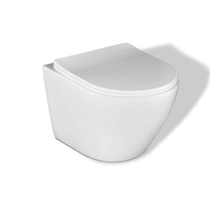 Modernes weißes Wand-WC mit geschlossenem Soft-Close Duroplast-Sitz. Randlose Keramik für Badezimmer Toiletten.