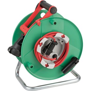 Grüne Brennenstuhl Gartenkabeltrommel Garant mit 40m rotem Kabel und Tragegriff.