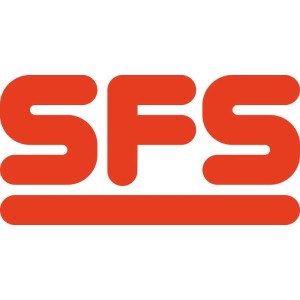 SFS Logo, rot auf weißem Grund. Hersteller von Stahlzargenband, Zubehör für Türen.