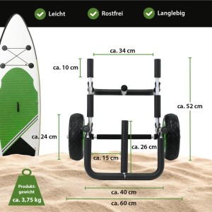 TRUTZHOLM SUP Board Wagen aus Aluminium mit PU Rädern auf Sand. Klappbar, gepolstert, leicht, rostfrei. Für einfachen Transport.